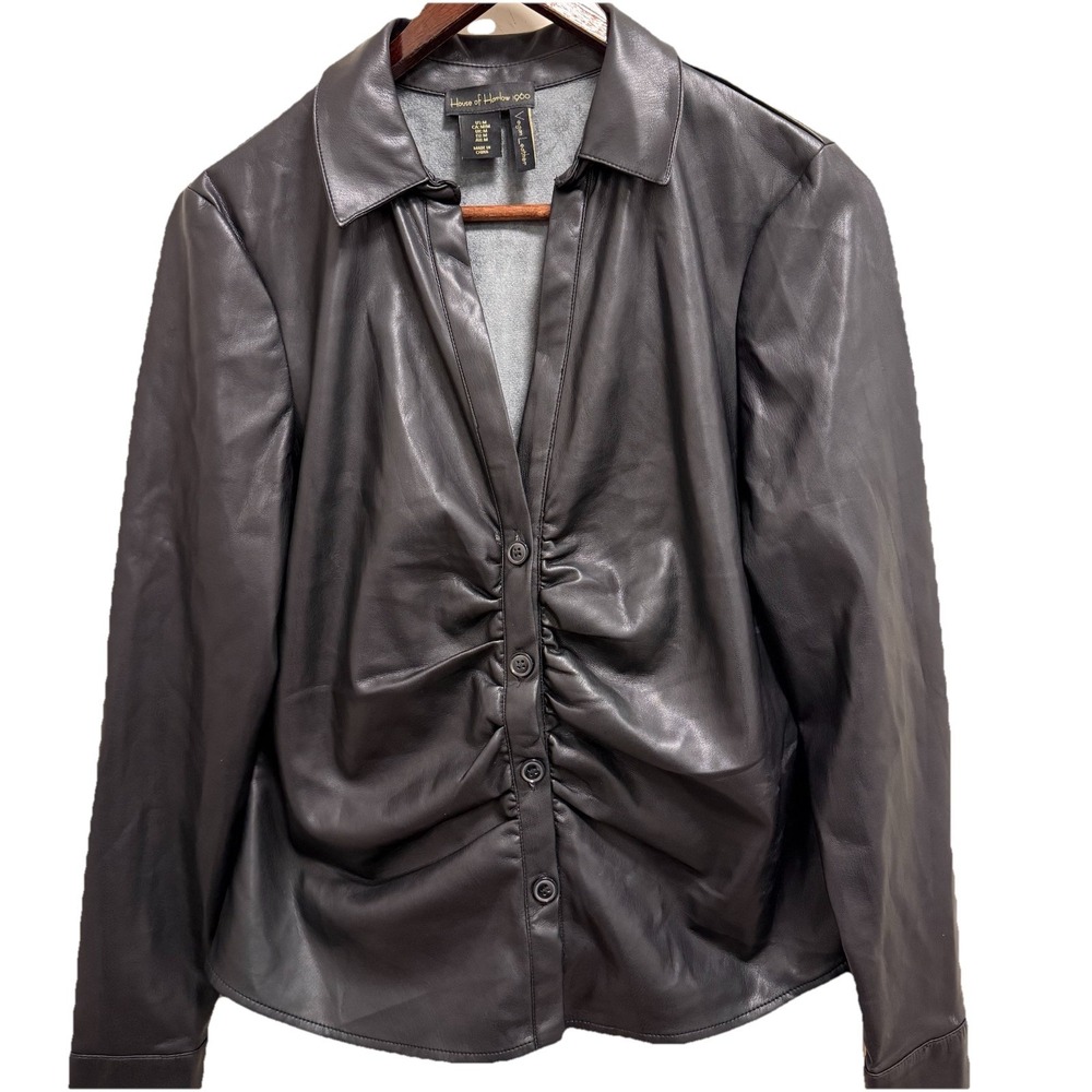 House Of Harlow 1960 Vegan Leather Scrunch Button Up Shirt Sz M